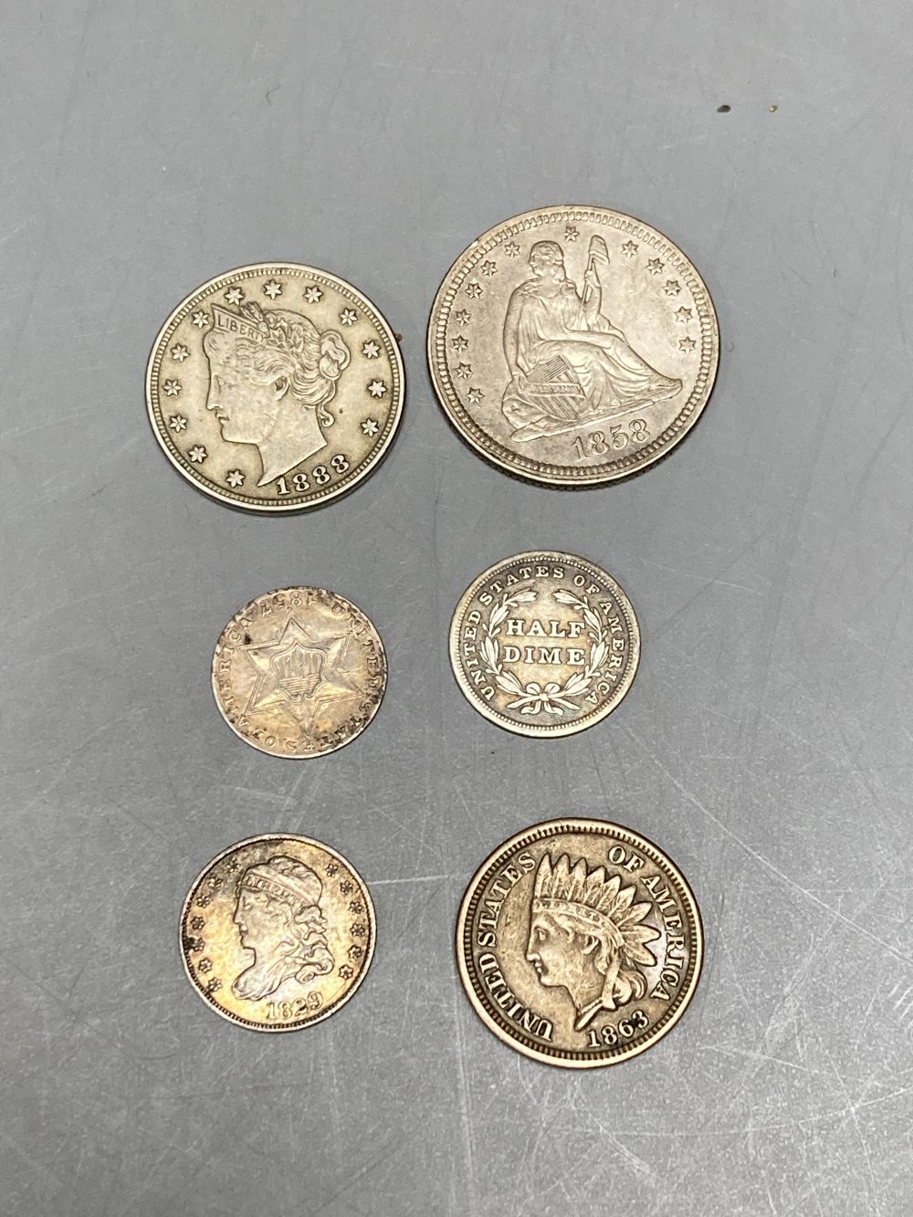 United States of America, Seated Liberty Quarter Dollar 1858, GVF, Liberty Head Five Cents 1888, NVF, Indian One Cent 1863, VF, Five Ce